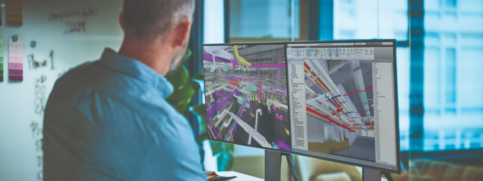 Man at desk with two monitors